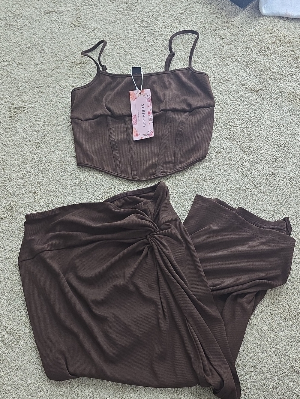 SHEIN Brown Two-Piece Twisted Front Maxi Skirt Set